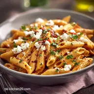Cremige Paprika Pasta mit Feta R&ouml;stgem&uuml;se macht die So&szlig;e samtig