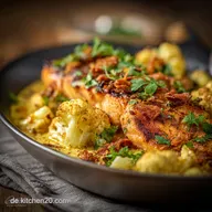 Low Carb Keto CurryReisPfanne mit Lachs: Knuspriger Fisch auf cremigem Blumenkohl-Curry.