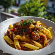 Leckeres WrstchenSenfGulasch mit Penne Ein herzhaftes Soul Food