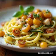 Cremige Zucchini Parmesan Pasta mit H&auml;hnchen Pinienkernen Blitzrezept