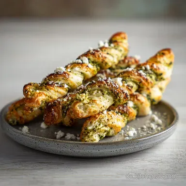 Bl&auml;tterteigstangen Pesto Feta: Knuspriges Fingerfood in 35 Minuten Rezeptkarte