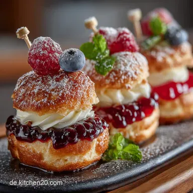 Fluffige MiniPfannkuchenSpieße Süßes Fingerfood für Brunch Kids Rezeptkarte