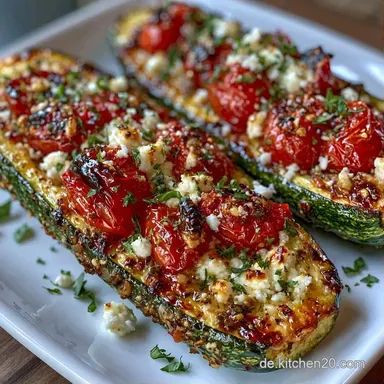 Zucchini mit Feta-Tomaten-F&uuml;llung Rezeptkarte