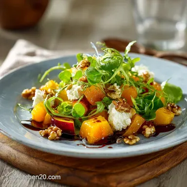 Herzhafter HerbstErnteSalat K&uuml;rbis Ziegenk&auml;se warmes AhornsirupDressing Rezeptkarte