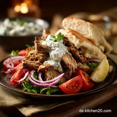 Gyros in MetaxaSauce Der griechische Klassiker f&uuml;r Zuhause. Rezeptkarte