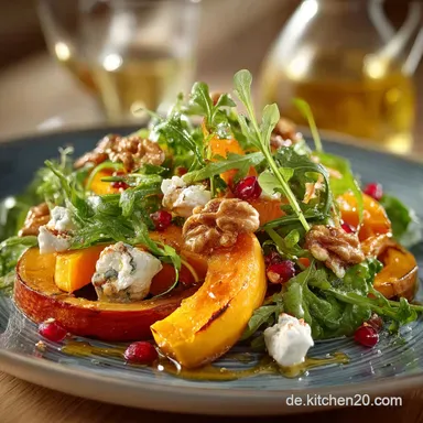 HerbstErnteSalat Lauwarmer K&uuml;rbis Ziegenk&auml;se AhornVinaigrette Rezeptkarte