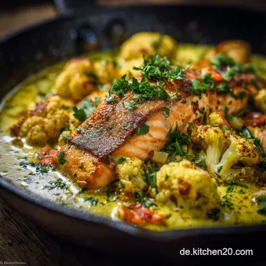 Low Carb Keto CurryReisPfanne mit Lachs: Knuspriger Fisch auf cremigem Blumenkohl-Curry. Rezeptkarte