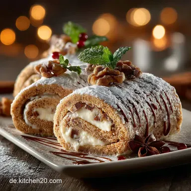 Luftige Weihnachtliche Biskuitrolle mit Lebkuchen und Spek Rezeptkarte