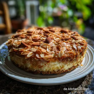 Leckerer Low Carb Bienenstich ohne Zucker und Mehl mit Mandeln: Gesunder Kuchen Rezeptkarte