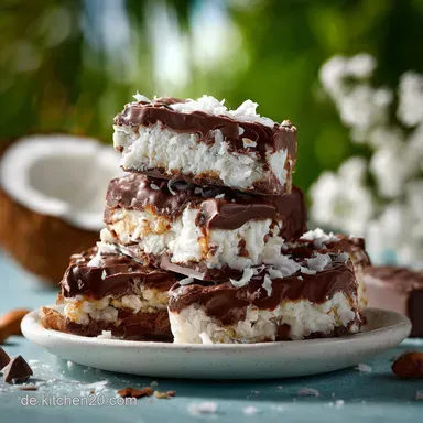 Low Carb Bounty-Riegel mit nur 5 Zutaten: No-Bake Kokos-Schoko Rezeptkarte