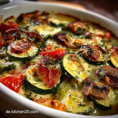 Herzhafter Low Carb Gem&uuml;sekuchen ohne Boden Auflauf mit Zucchini: Baked & Golden Rezeptkarte