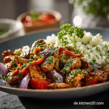 Paprikageschnetzeltes mit Blumenkohlreis Das schnelle KetoAbendessen Rezeptkarte