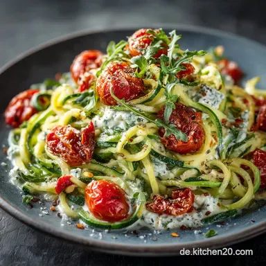 Low Carb ZucchiniSpaghetti mit Frischkäse und Tomaten Blitzrezept Rezeptkarte