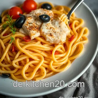 Einfaches Rezept f&uuml;r Pasta mit Thunfisch und Oliven &ndash; Sommergenuss pur! Rezeptkarte
