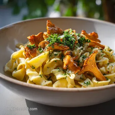 Rezept mit Pfifferlingen: Cremige Pasta f&uuml;r 2 Rezeptkarte