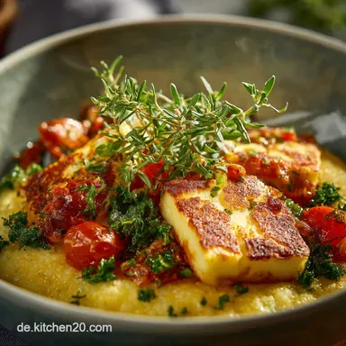 30Minuten Polenta Bowl mit Gem&uuml;se und krossem Halloumi Rezeptkarte
