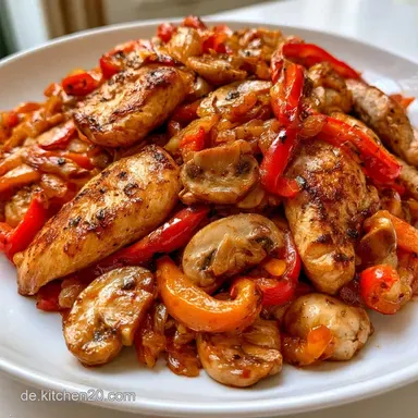 H&auml;hnchenpfanne Mit Paprika Und Pilzen Rezeptkarte