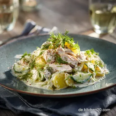 Sommerlicher DillH&auml;hnchenGurkensalat Frisch, Low Carb Cremig Rezeptkarte