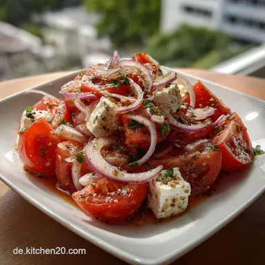 Schneller Tomaten Feta Salat mit Zwiebeln: In 10 Minuten Fertig Rezeptkarte