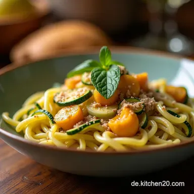 Cremige Zucchini Parmesan Pasta mit H&auml;hnchen Pinienkernen Blitzrezept Rezeptkarte