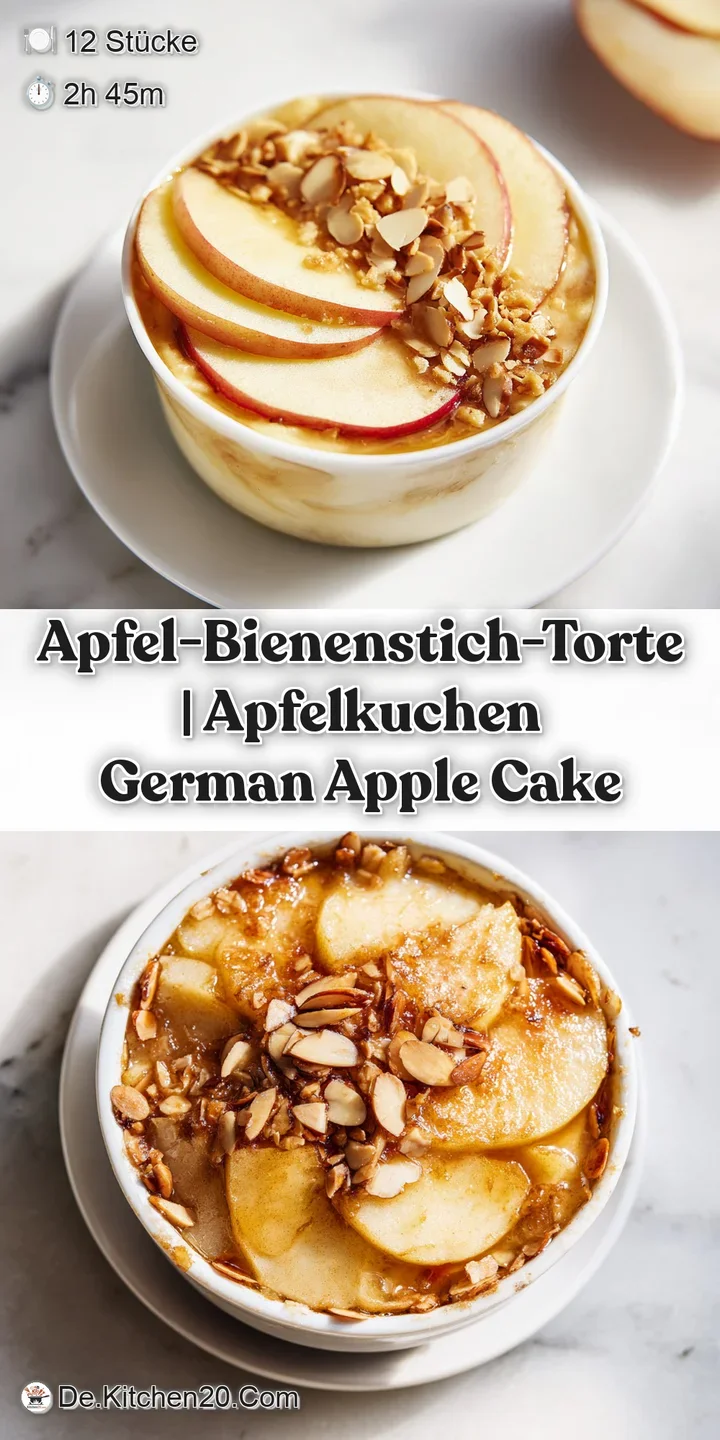 Detailaufnahme der gl&auml;nzenden, knusprigen Mandelkruste auf einer weichen, hellen Cremeschicht mit Apfelst&uuml;cken.