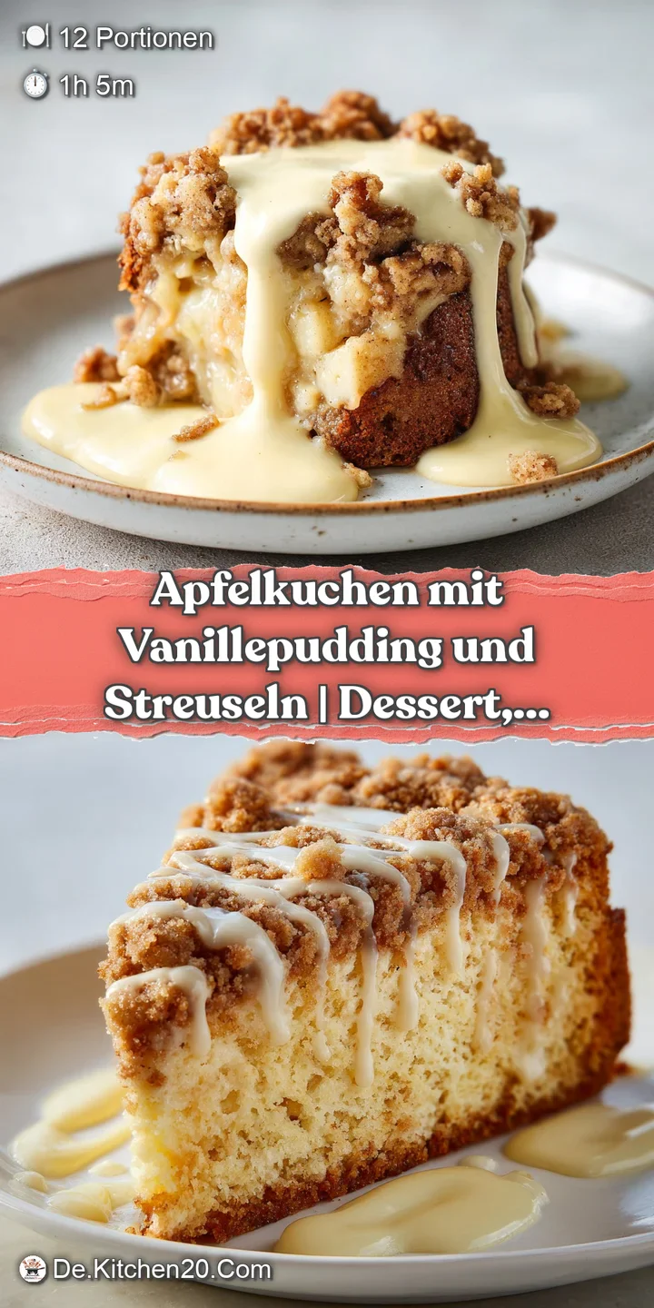 Close-up of sweet, soft apple slices baked into a golden cake, topped with buttery streusel and smooth vanilla cream.