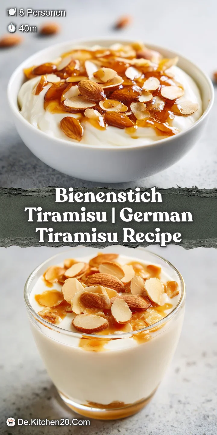 Nahaufnahme einer knusprigen, gl&auml;nzenden Honigmandelschicht auf samtiger, wei&szlig;er Creme mit dunklen Kaffeestrichen.