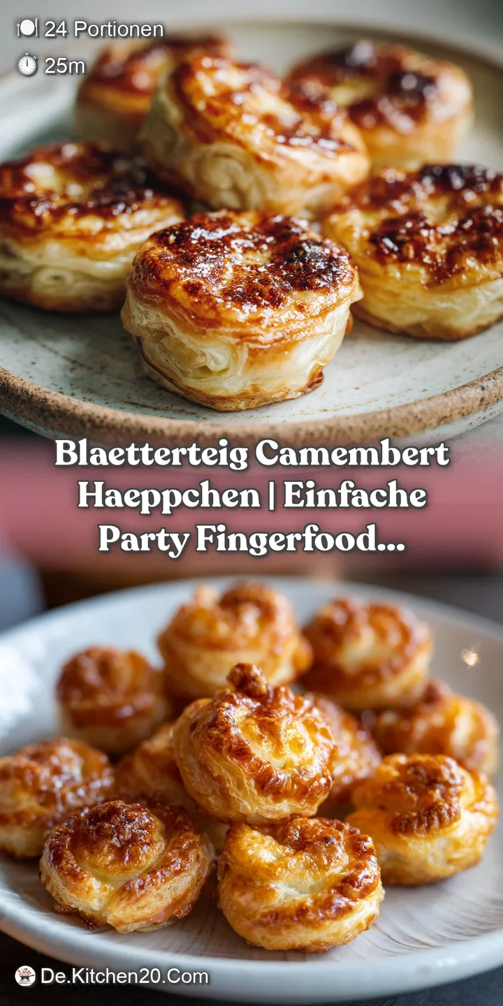 A close-up reveals molten Camembert cheese oozing from crisp, golden puff pastry with a glossy cranberry topping.