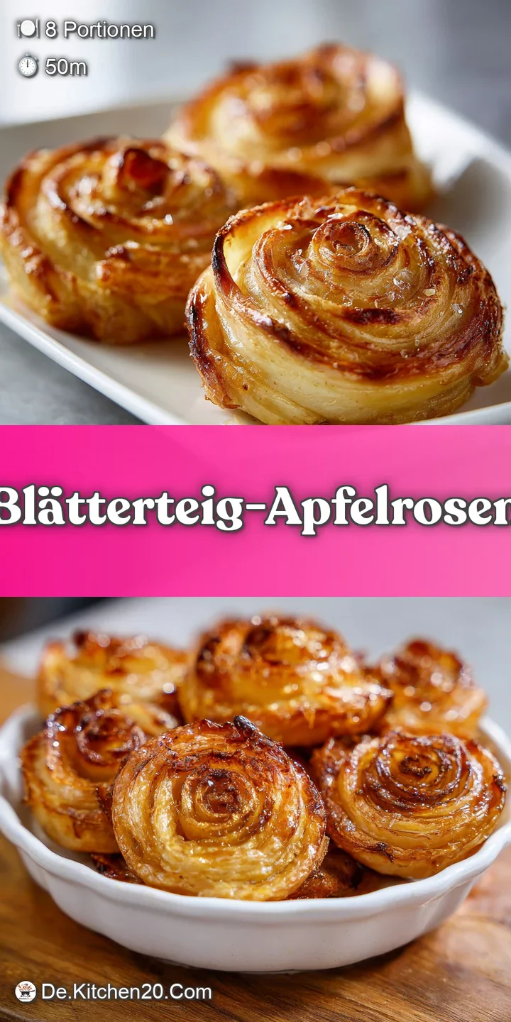 Close-up of a glistening apple rose tart; caramelized apples peek from layers of crisp, buttery puff pastry, hinting at wa...