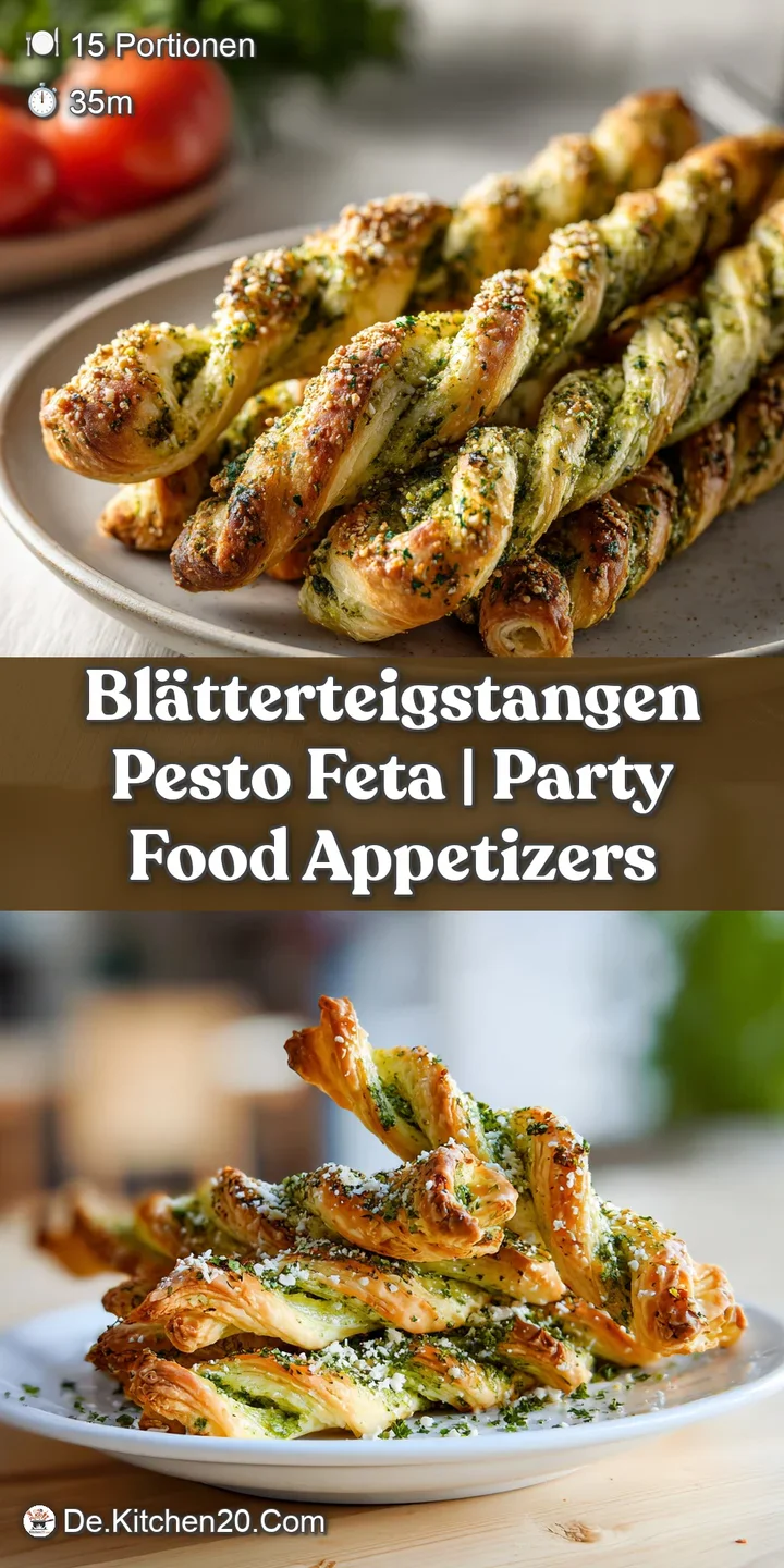 Close-up of a crispy, golden puff pastry stick with vibrant green pesto and crumbled white feta cheese.