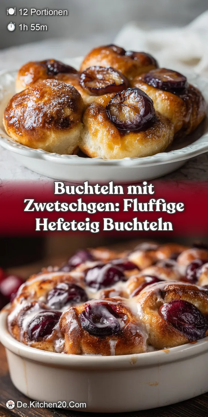 Close-up reveals a soft, warm Buchtel oozing with a rich, dark plum filling, dusted with powdered sugar and glistening wit...