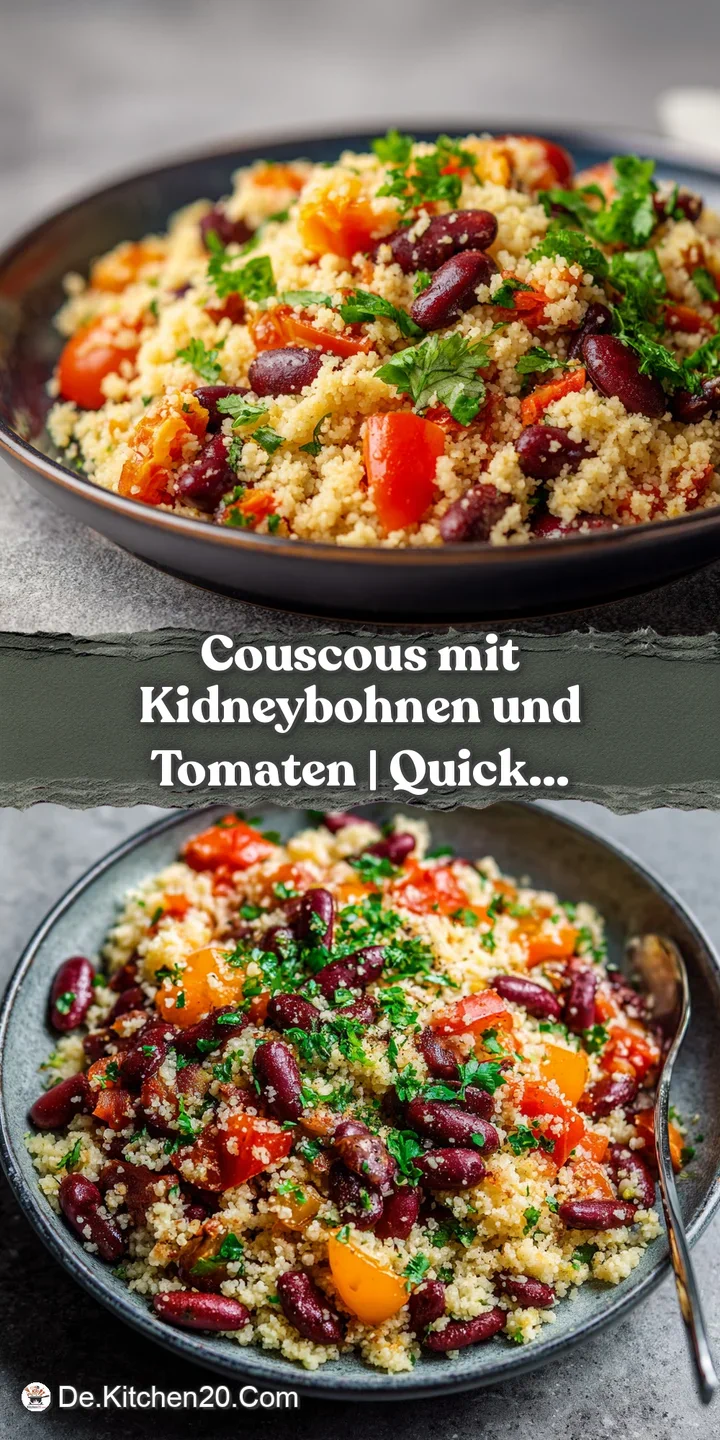 Close-up of fluffy couscous kernels studded with plump, red kidney beans and juicy tomato pieces.