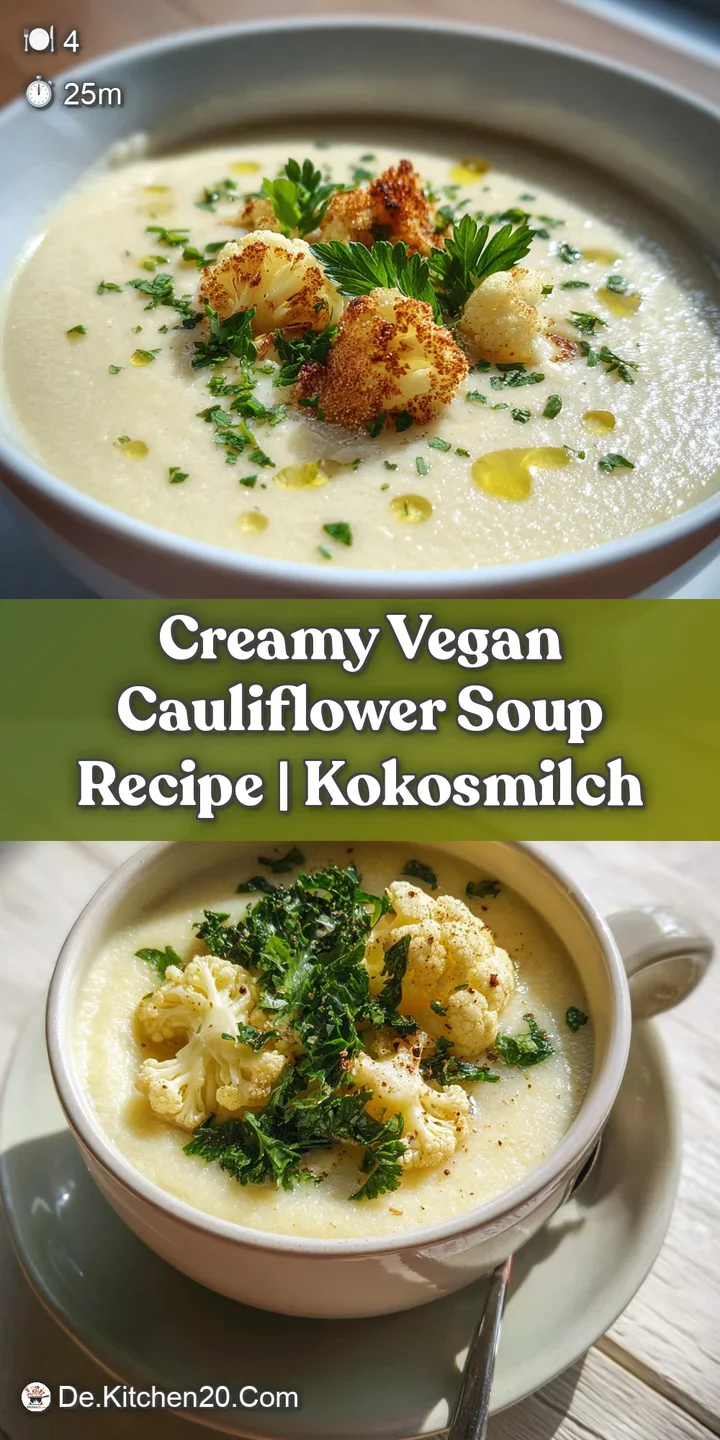 Close-up of velvety smooth cauliflower soup, dotted with vibrant green herbs and glistening olive oil droplets. Inviting a...