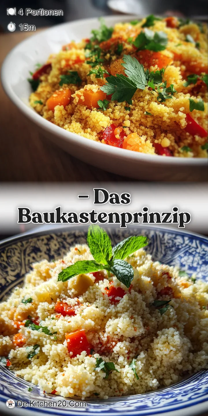 Close-up captures the textures of the couscous; glistening grains intermingle with chopped vegetables, promising a fresh, ...