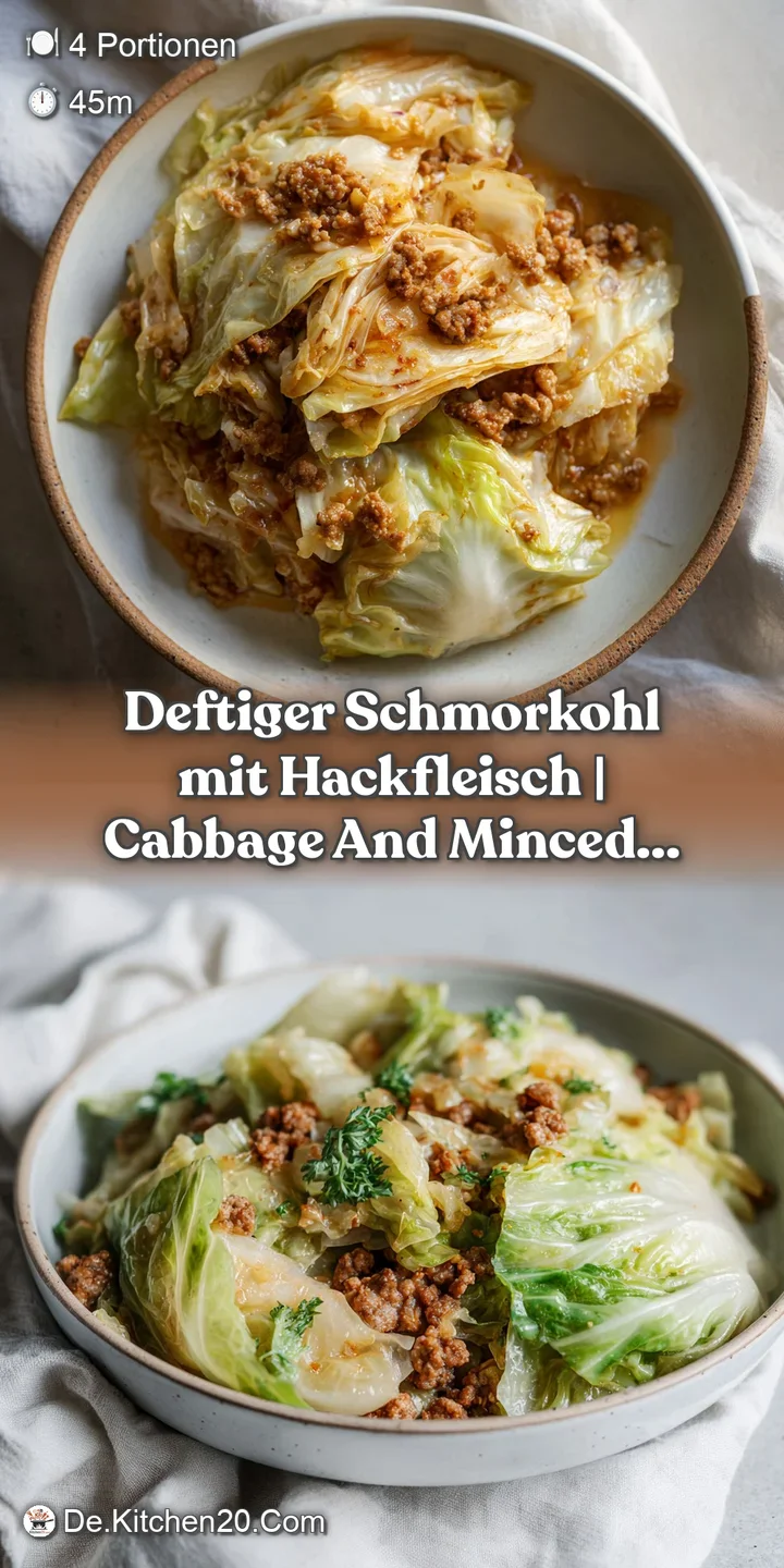 Close-up of rich, tender braised cabbage mingling with savory ground meat, glistening in its own juices and topped with fr...