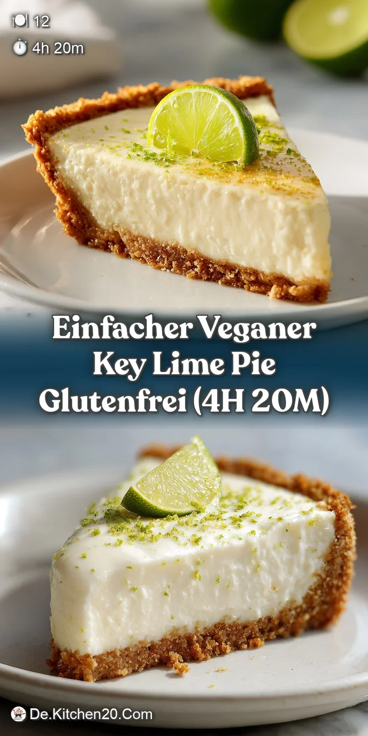 Close-up shows the smooth, pale filling of a vegan key lime pie with a rustic crust. Tiny bubbles and a delicate sheen are...