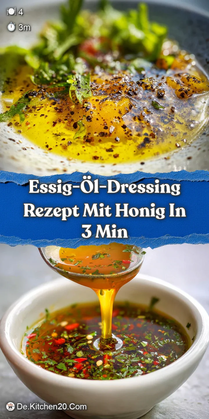 Close-up of honey vinaigrette. Golden oil and amber honey blend, herbs floating within. Texture is rich & inviting, light ...