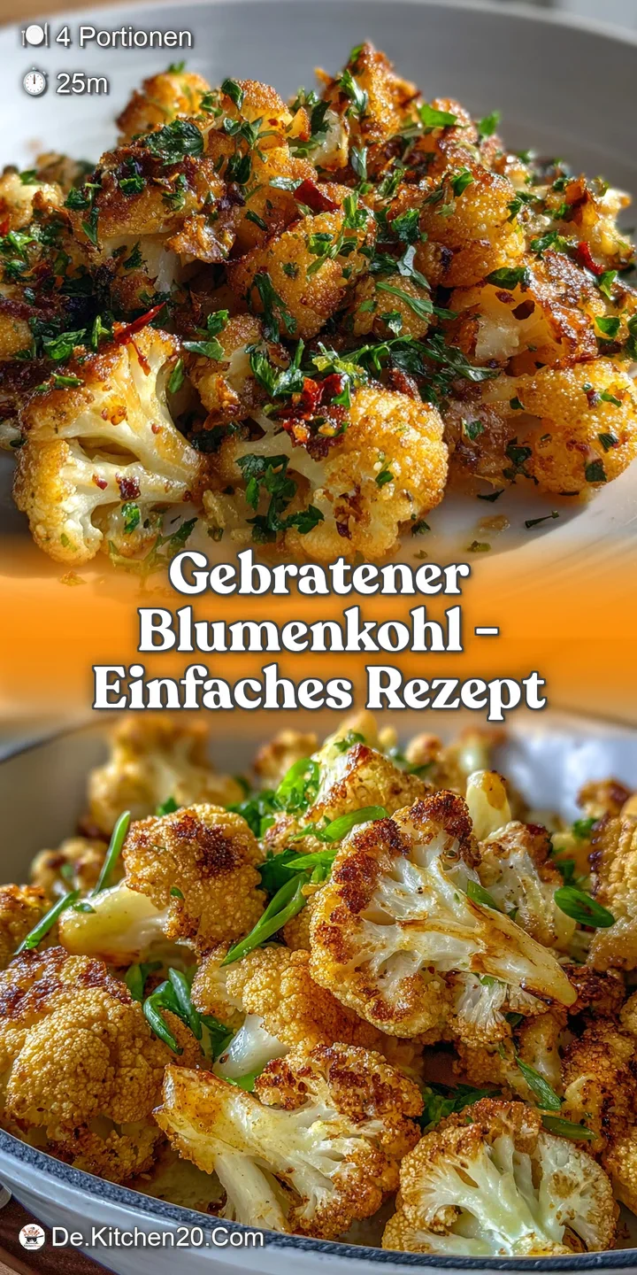 Close-up reveals the crisp texture of roasted cauliflower; herb sprigs add fresh greenness to the golden brown vegetable.