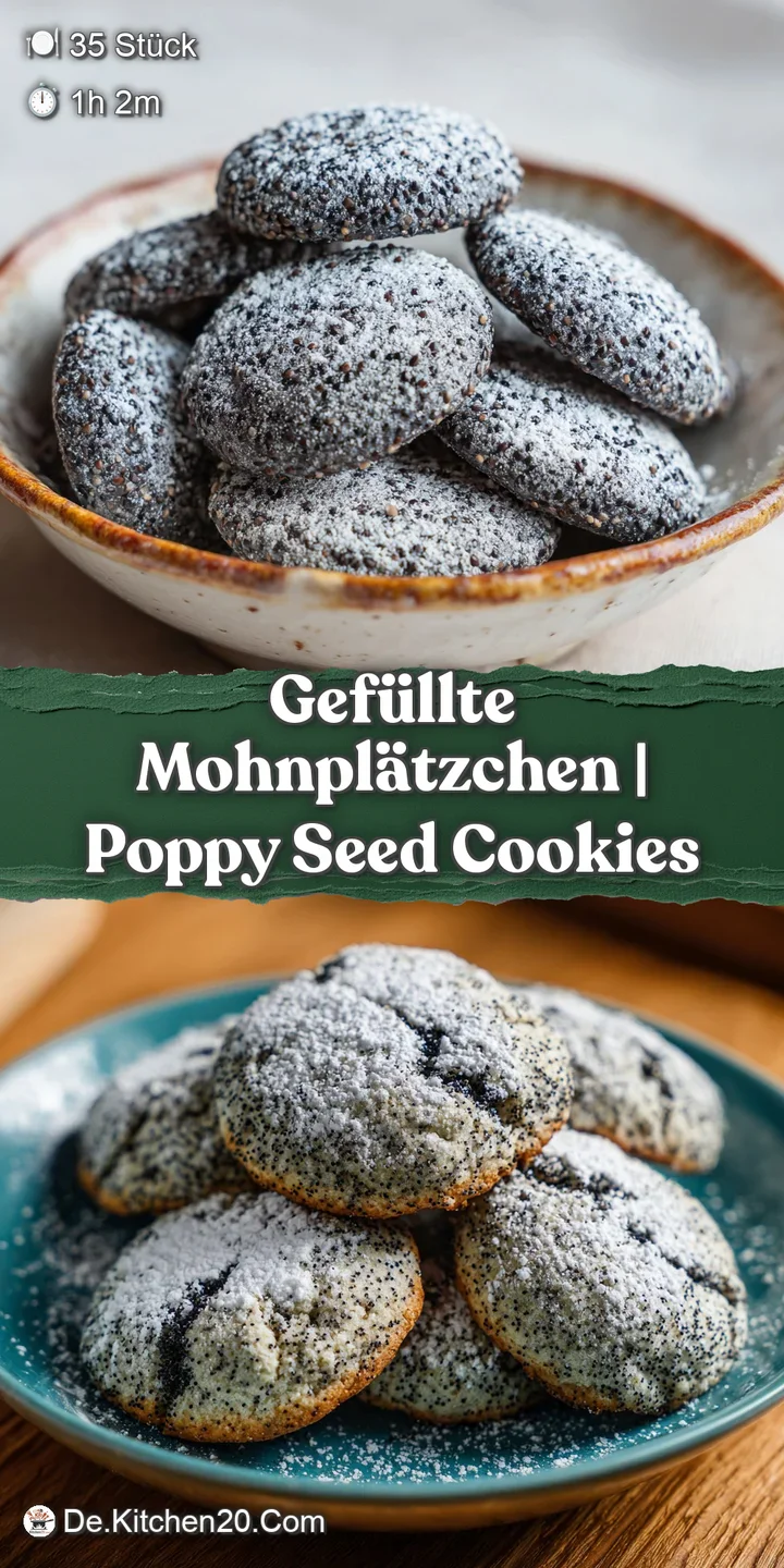 Detailaufnahme eines aufgeschnittenen Keks: Die zarte, dunkle Mohnf&uuml;llung kontrastiert mit dem hellen, m&uuml;rben Teig.