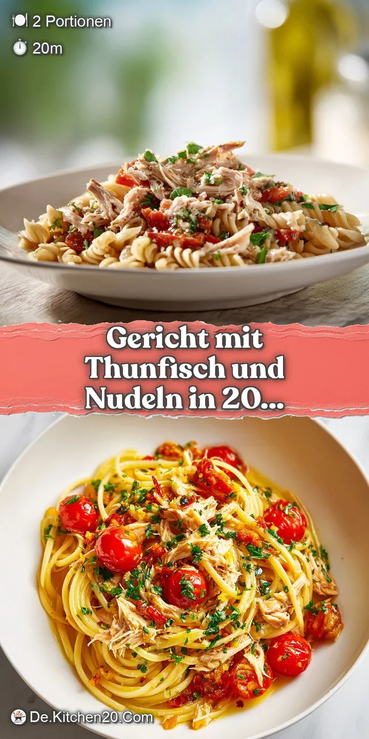 Close-up of tuna pasta showing texture of flaky fish and al dente noodles, creamy sauce glistening with herbs, utterly del...