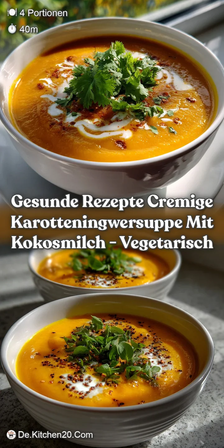 Vibrant orange carrot and ginger soup, swirled with creamy coconut milk. Garnished with a sprinkle of fresh green herbs, a...