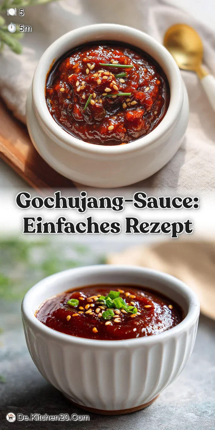 Close-up of thick, glistening gochujang sauce. Rich, deep red color with visible chili flakes promising intense flavor and...