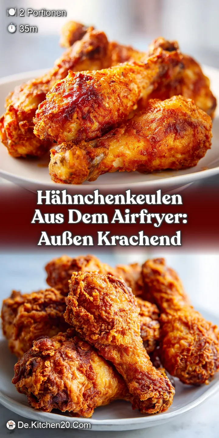 Close-up of a juicy, golden-brown air-fried chicken drumstick. The skin is blistered and crisp, dripping with savory juices.