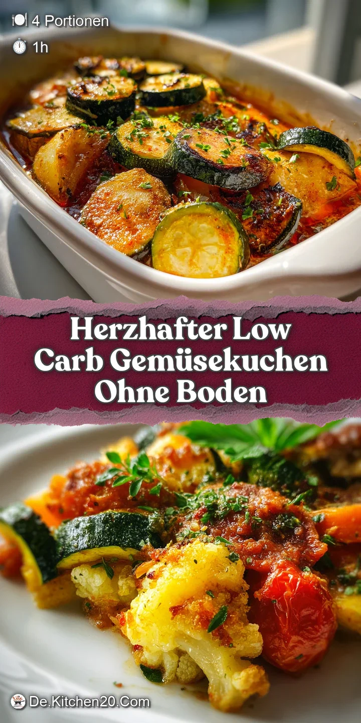 Close-up of a rustic vegetable bake, showing layers of soft vegetables and a bubbly, golden-brown cheese topping. Herbs ad...