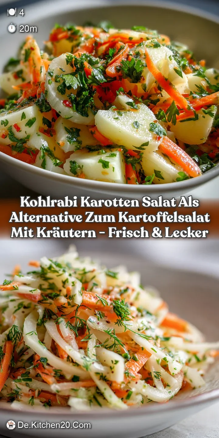 Crisp kohlrabi salad with carrots and herbs, glistening with a light dressing, promising a cool and refreshing bite.