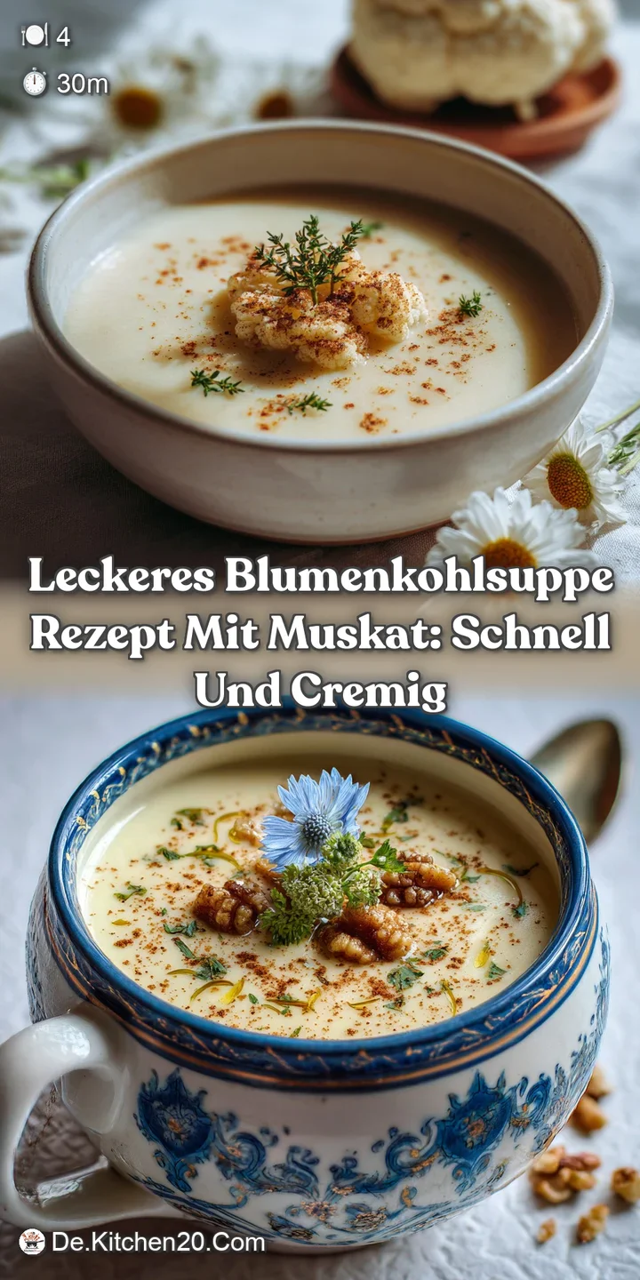 Close-up of a steaming bowl of creamy cauliflower soup, with visible flecks of herbs and a swirl of oil. Pale ivory tones.