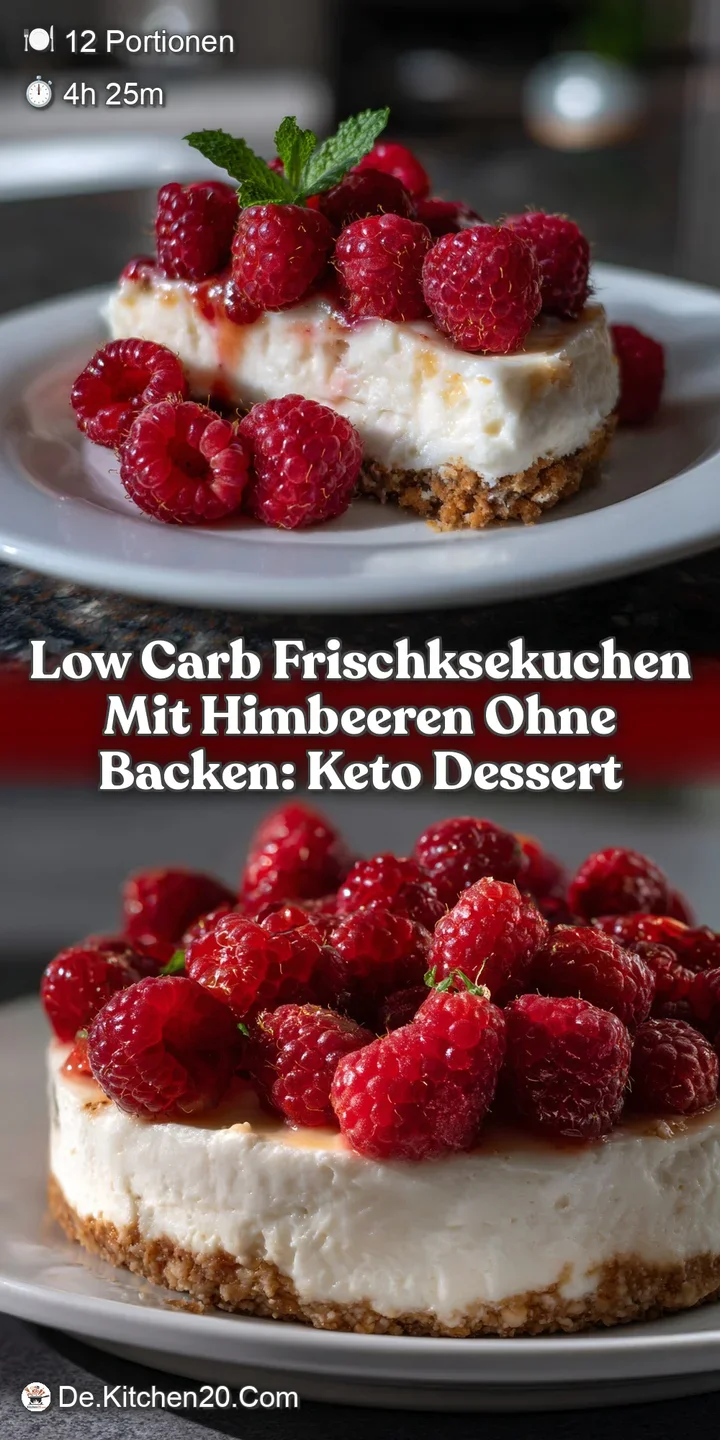 Close-up of the smooth, velvety cheesecake base, studded with bright raspberries. The chilled texture promises a refreshin...