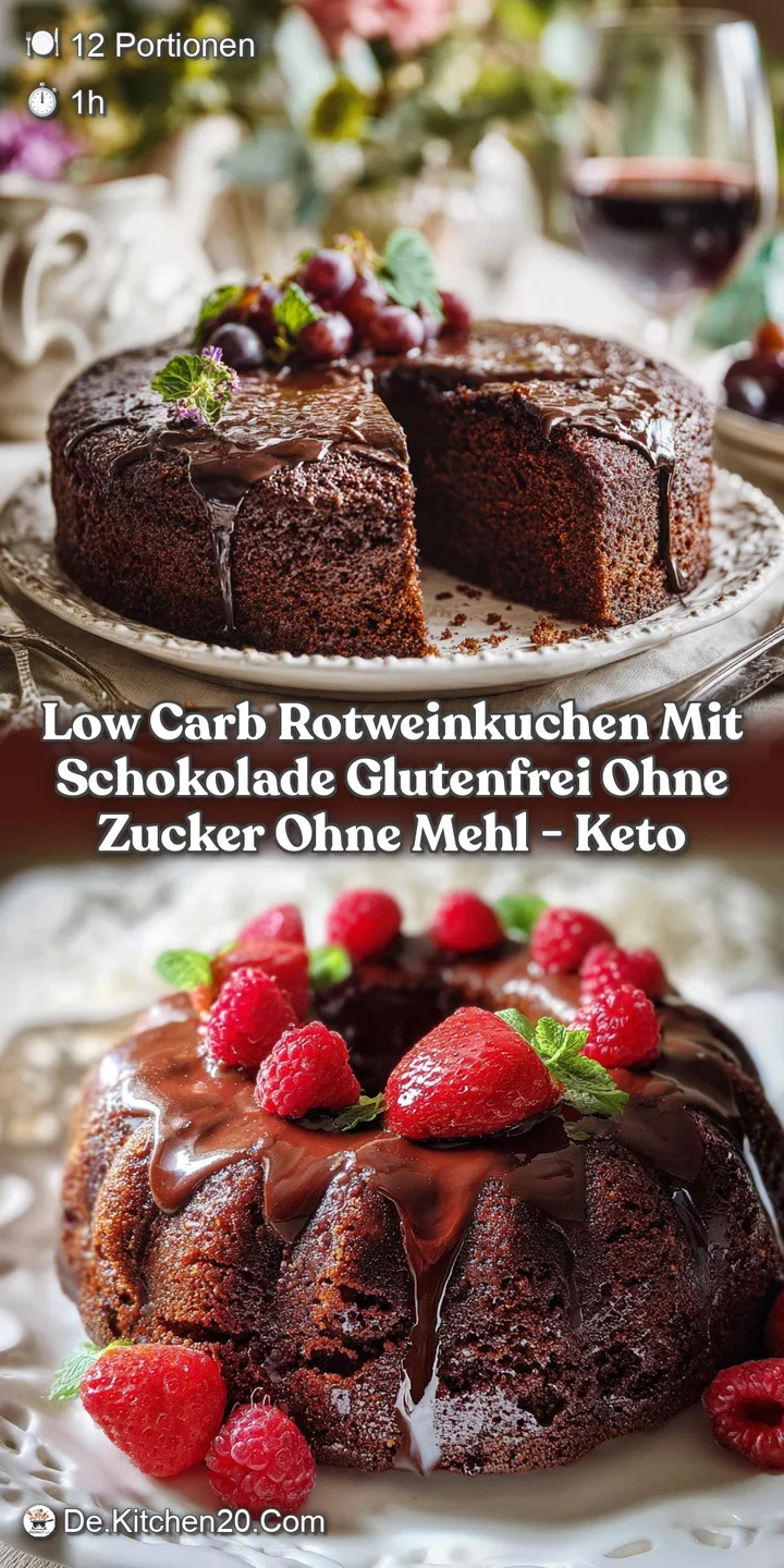 Close-up of a dense chocolate cake. The surface has a slightly cracked texture with visible dark chocolate chips, tempting...