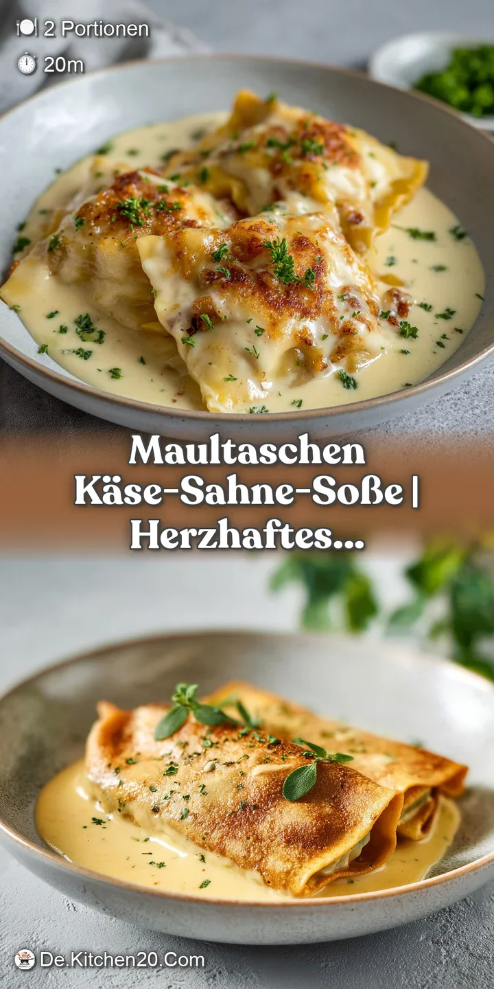 Close-up of tender, golden-brown Maultaschen bathed in a velvety, smooth cheese and cream sauce, invitingly warm.