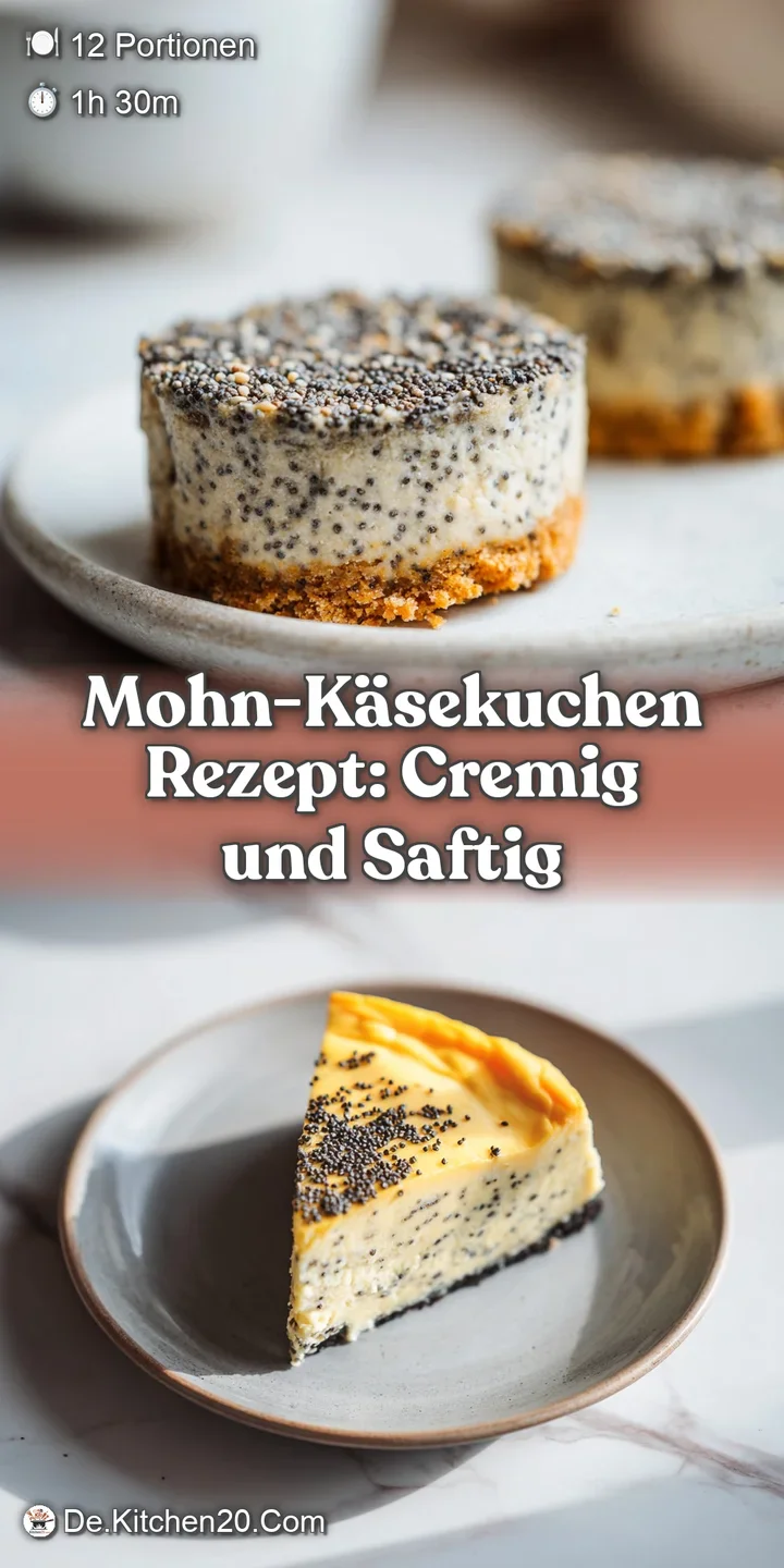 Close-up shows the smooth, creamy texture of the baked poppyseed cheesecake, tempting with its golden-brown swirls and del...
